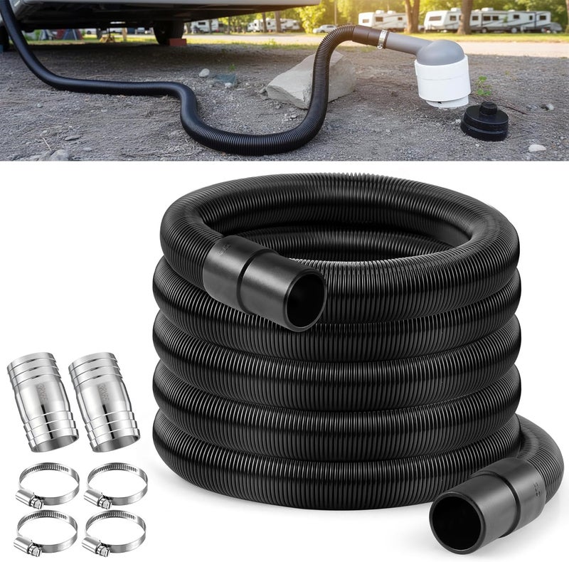Feekoon 97521 RV Macerator Hose Kit Compatible with Thetford Sani-Con Turbo 400S/500S/600S/700, 21FT, 1-1/2inch RV Camper Sewage Waste Water Drain Hose, with 4 Clamps and 2 Connect Fittings, Black - Image 1